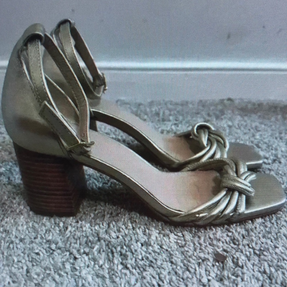 Ankle-Strap Knot Block Heel Sandals in Metallic Gold